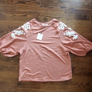 NWT Embroidered Sleeve Salmon Top